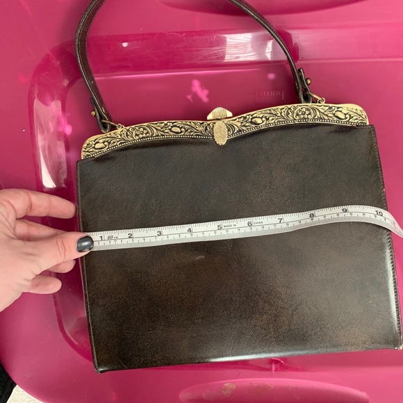 Vintage 50s Brown Leather Boxed Handbag - Picture 12 of 13